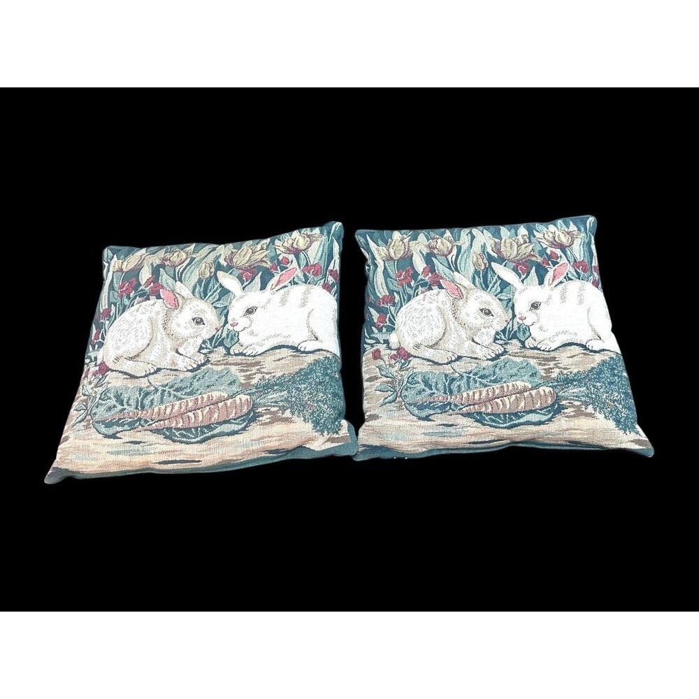 Vtg Pair Fashion Bunny Rabbits Tapestry Accent Throw Pillows 16" Spring Garden